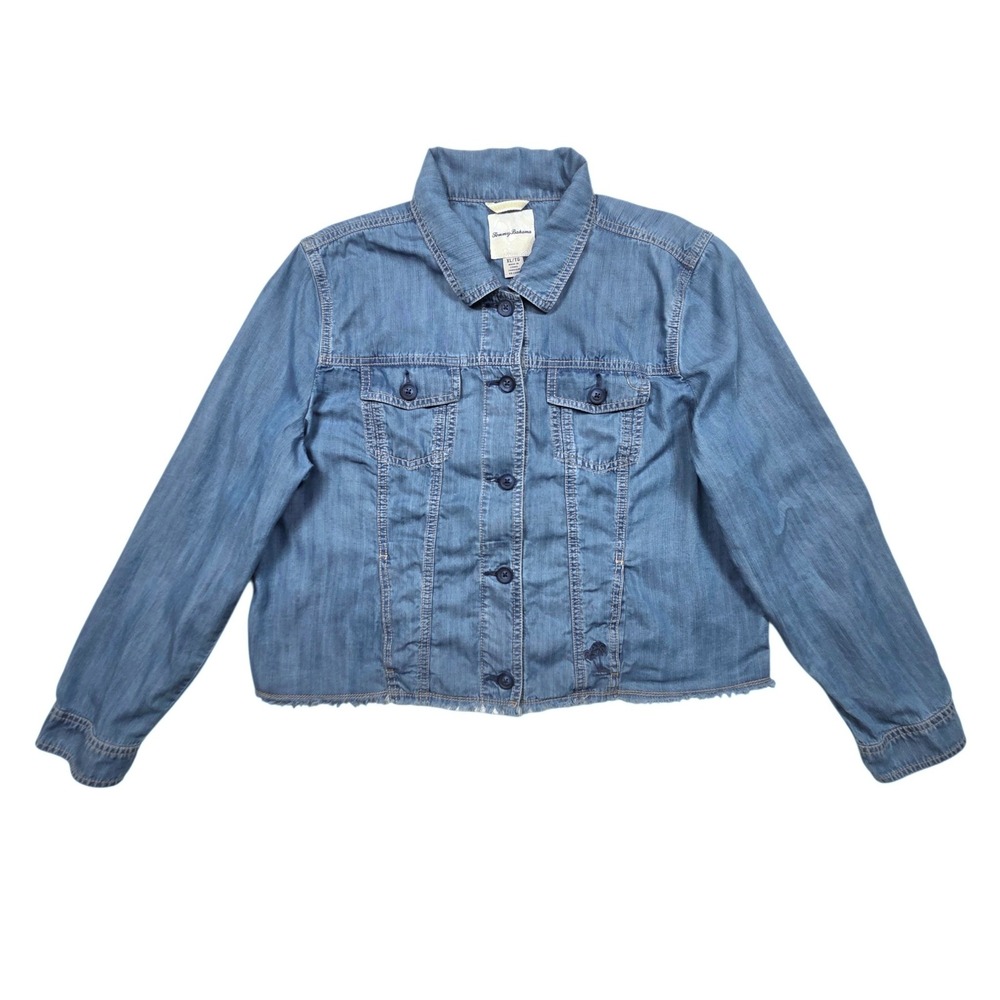 Tommy Bahama Women's XL Tencel Denim Jacket Chambray Frayed Hem Palm Tree Blue